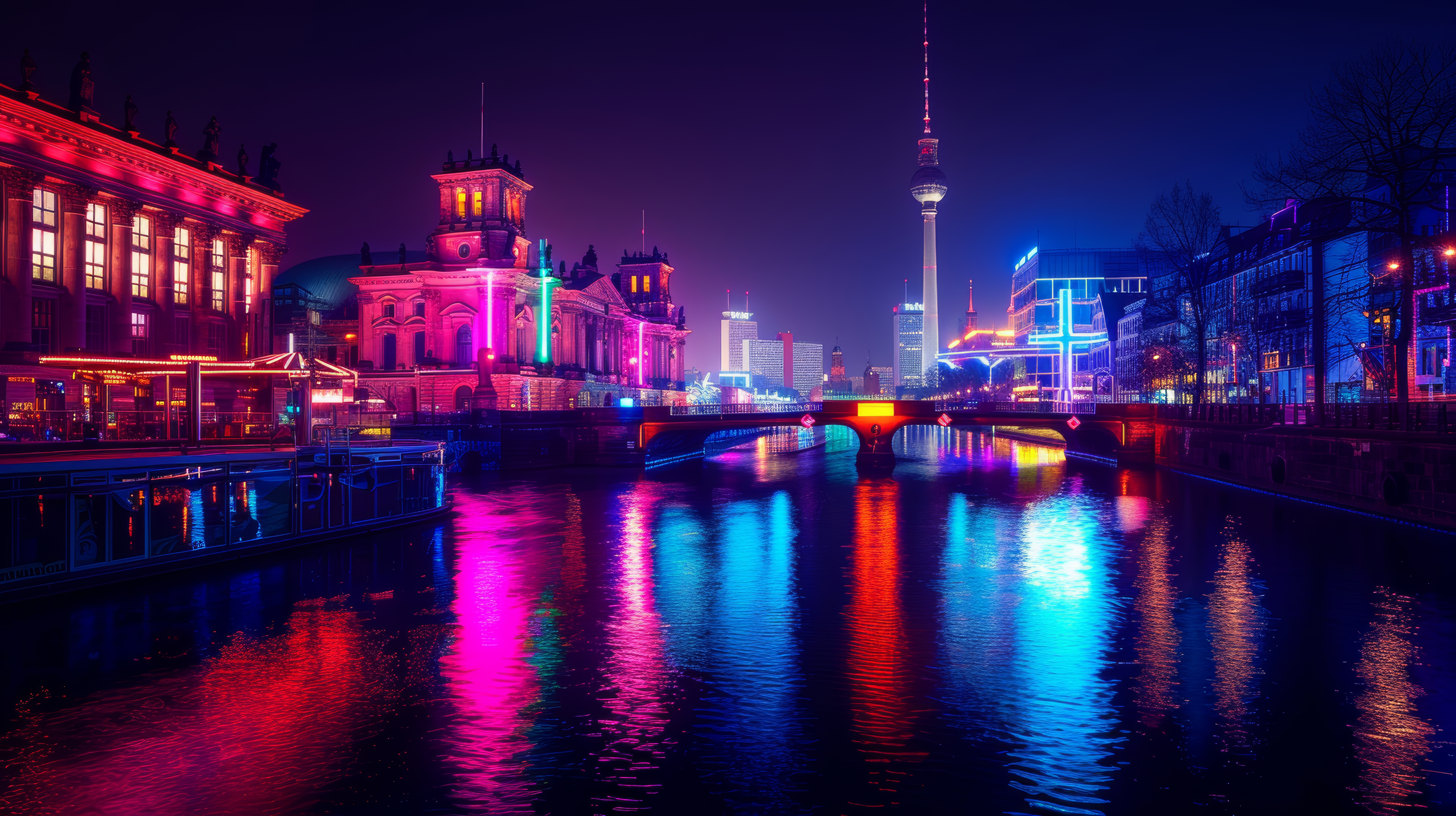 Berlin bei Nacht während des Festival of Lights, gesehen von der Spree